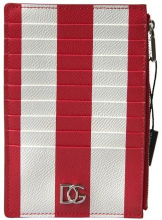 Dolce & Gabbana Red White Leather DG Logo Zip Card Holder Womens Wallet