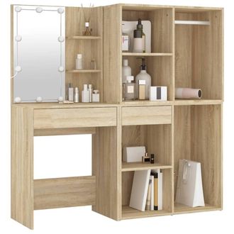 Berkfield Home LED Dressing Table with 2 Cabinets Sonoma Oak Engineered Wood in Light Brown