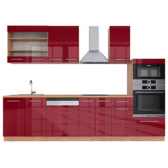Vicco Mueble De Cocina Fame-line, Burdeos Brillo Intenso/roble Dorado, 300 Cm Con Armario Alto, Et Roble