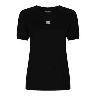Dolce & Gabbana T-Shirts, female, Black, Size: XL Crystal Logo Cotton T-shirt Round Neck