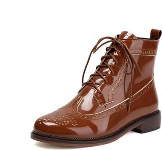 Generic Womens Flat Heel Brogue Ankle Boots Lace Up Short Boots Round Toe Patent Leather Vintage Dress Shoes,Brown,6.5 UK