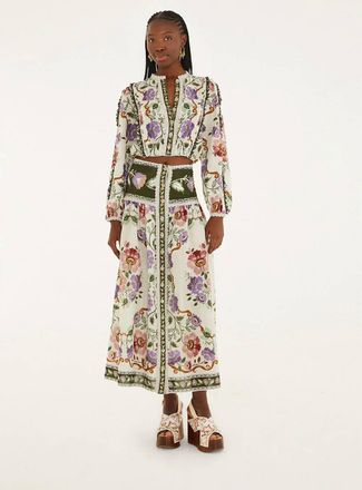Farm Rio Rococo Flowers Midi Skirt In Cream