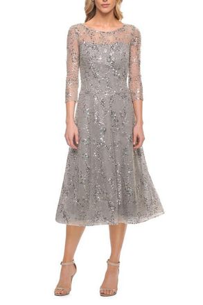 La Femme Lace Tea Length Dress with Flare Skirt and High Neckline in Silver at Nordstrom, Size 8