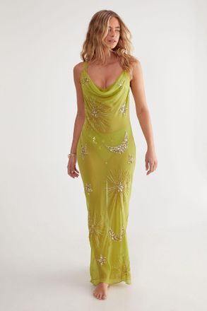 NASTY GAL Womens Premium Hand Embellished Celestial Cowl Neck Maxi Beach Dress - Green - Size Medium