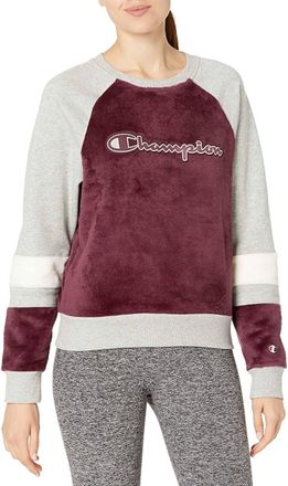 Champion Super Fleece Faux Fur Colorblocked Metallic Logo Sweatshirt In Raisin