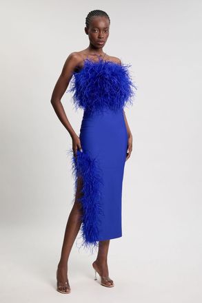 Karen Millen Womens Figure Form Bandage Feather Detail Bandeau Knit Midi Dress - Blue - Size 14 UK