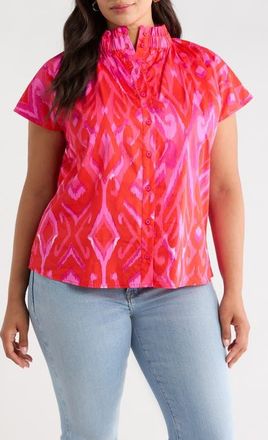 Sugarlips Blevin Ikat Patma Button-Up Mock Neck Top in Red-Pink-Combo at Nordstrom, Size 1 X