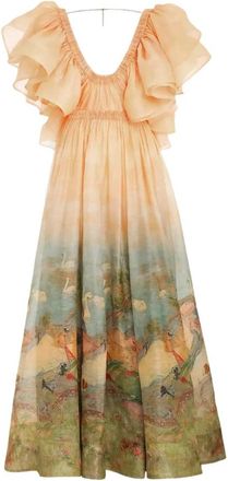 Zimmermann Lyrical Frill Neck Gown - Dames - Maxi kleedjes - Veelkleurig - S - Linnen - Kleedjes
