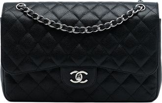 Chanel Pre-owned Womens Jumbo Classic Caviar Double Flap - Black Leather - One Size
