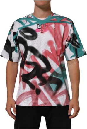 Dolce & Gabbana Witte Graffiti Crew Neck T-shirt - Heren - T-shirts - Veelkleurig - M - Katoen - Tops