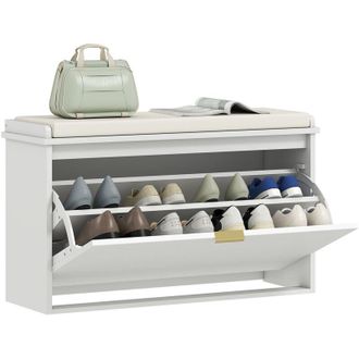 HOMCOM Homcom - Banco Zapatero Mueble Zapatero Banco Recibidor Con Asiento Acolchado Caj&oacute;n Abatible Y Panel De Tablillas 80x26x47,5 Cm Blanco