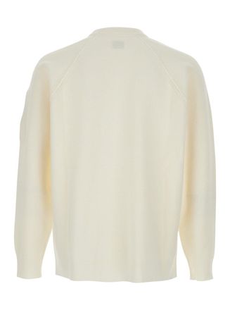 C.P. Company Mens White Crewneck Sweater With Logo Plaque Wool Tops Top