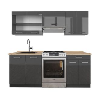 Vicco Mueble De Cocina R-line, Antracita Brillo Intenso/antracita, 200 Cm, Et Roble