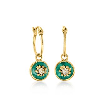 Ross-Simons Emerald Flower Hoop Drop Earrings With Diamonds in 18kt Gold Over Sterling