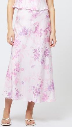 French Connection Elyria Floral Print Satin Midi Skirt in Sweet Pink Multi at Nordstrom Rack, Size X-Large
