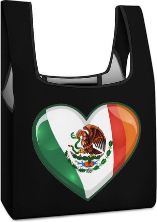 Generic Mexican Flag Heart Shopping Bag Reusable Grocery Tote Bag Foldable Handbag for Travel Picnic