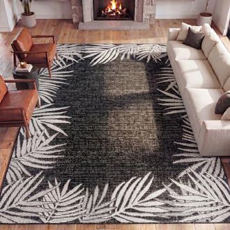 Jonathan Y Designs Isla Coastal Cottage Palm Frond Border Indoor/Outdoor Area Rug in Dark Gray/ivory at Nordstrom, Size 4Ft 0In X 6Ft 0In