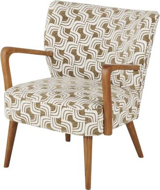 Maisons du monde Butaca de tela jacquard reciclada verde caqui, beige y madera de hevea maciza