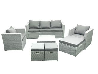Fimous Rattan Garden Outdoor Furniture Sofa Set with Square Coffee Table 2 Chairs 3 Footstools Light Grey Mixed