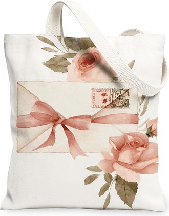 Generic Floral Canvas Tote Bags, Vintage Rose Design Reusable Grocery Bags, Lightweight Washable Shoulder Strap Canvas for Travel, White, 13x15 Inch