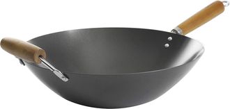 Kenmore Hammond 14 Inch Flat Bottom Carbon Steel Wok in Black with Wooden Handles