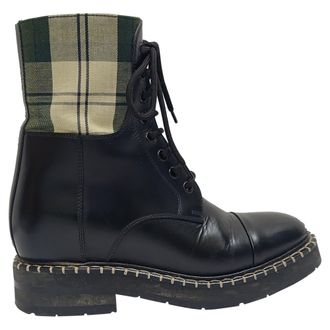Chlo&eacute; Chloe x Barbour Check-Print Combat Boots in Black Leather