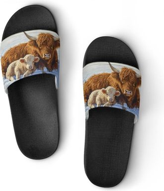 Generic Highland Cow And Little Farmhouse Shower Shoes Slipper for Women Men Beach Slippers Quick Drying Non Slip Open-Toe Sandals