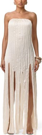 Naked Wardrobe Strapless Fring Detail Satin Pliss&eacute; Dress in Crema at Nordstrom, Size X-Small