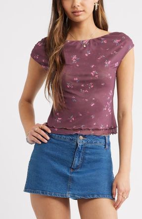 BP. Floral Mesh Cap Sleeve Top in Burgundy- Pink Shaylynn Ditsy at Nordstrom, Size Xx-Small
