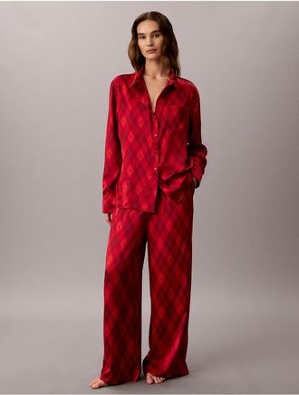 Calvin Klein Womens Satin Sheen Sleep Pants - Red - XL