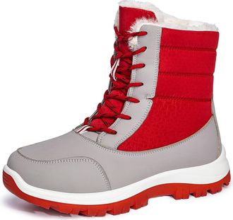 Generic Womens 2025 Winter Snow Boots Ankle-Length Faux Fur Lined Booties Waterproof Synthetic Leather Slip-On Casual Outdoor Shoes(Rosso,6.5 UK)