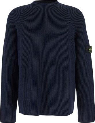 Stone Island Blue Sweater With Ribbed Design And Logo Patch On Sleeve In Virgin Wool Blend Man