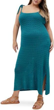 City Chic Sweet Tie Strap Open Stitch Midi Dress in Poseidon at Nordstrom Rack, Size Xxl/24W