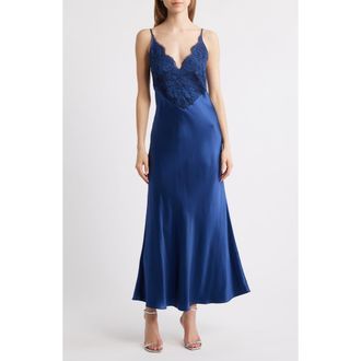 Delfi Polina Lace Bodice Satin Slipdress in Navy at Nordstrom Rack, Size X-Small