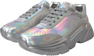 Dolce & Gabbana Womens Silver Iridescent Daymaster Leather Sneakers Shoes Calfskin