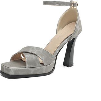 Generic Womens Satin Wedding Shoes for Bride Square Open Toe Dress Sandals with Buckle Block High Heel Platform Sandals,Grey,3.5 UK