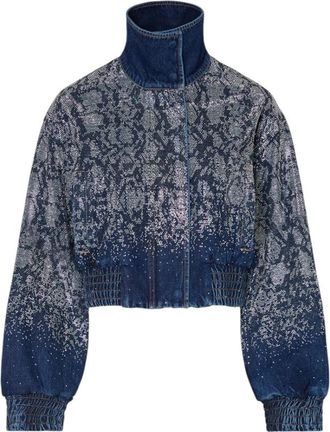 Liu Jo Cropped Denim Bomber met Pythonprint en Strass - Dames - Spijkerjassen - Blauw - S - Denim - Jassen