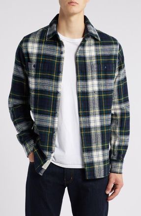 Schott NYC Two-Pocket Long Sleeve Flannel Button-Up Shirt in Off White/Navy/Hunter at Nordstrom, Size Xx-Large
