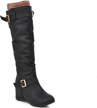 Generic Womens Knee-High Wedge Boots, Elegant Casual PU Slip-On Shoes with Pleated Look And Knitted Cuff Long Shaft Boots Comfortable Large Size Round Toe Rid