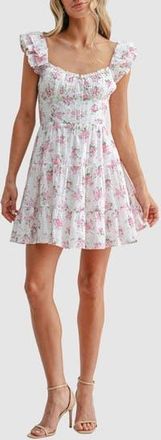 Lush Flutter Sleeve Tiered Minidress in White Pink Floral at Nordstrom Rack, Size X-Large