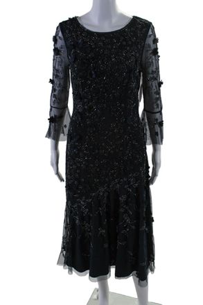Theia Womens Navy Floral Detail Beaded Crew Neck Long Sleeve Shift Dress