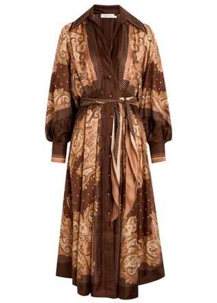Zimmermann Luna Printed Belted Silk Midi Shirt Dress - Brown - 1 (UK 10 / S)