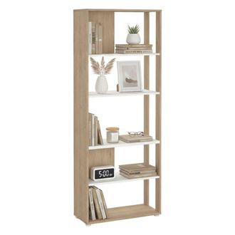 Dmora Dmora - Estante Para Libros Muguiying, Estante De Oficina, Porta Libros M&oacute;vil, Biblioteca, 80x34 H205 Cm, Roble Y Blanco