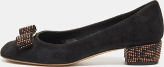 Ferragamo Black Suede Vara Bow Studded Block Heel Pumps