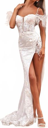 Sherri Hill Cutaway Slit Feather Straps Dress In Ivory
