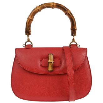 Gucci Vintage Convertible Bamboo Top Handle Bag Leather Red Leather Handbag (Pre-Owned)