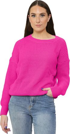 Janisramone Womens Chunky Knitted Oversized Jumpers, Long Sleeve Baggy Fisherman Sweater, Lightweight Crew Neck Jumper, Pull Over Warm Chunky Sweater Women Neon P