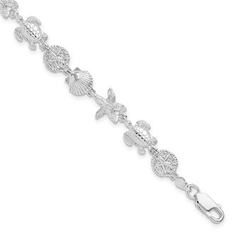 Diamond2Deal Sterling Silver Rhodium-plated Polished/Textured Sea Life Bracelet 7.25