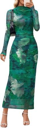 Merokeety Womens Long Sleeve Fall Wedding Guest Dress 2025 Bodycon Floral Mesh Ruched Cocktail Maxi Dresses, Green, XL