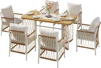 STILVORA Conjunto De Mesa Y Sillas De Jard&iacute;n Con 1 Mesa Y 6 Sillas, Reposabrazos Trenzados Y Cojines, Para Exterior, Hierro Y Poli&eacute;ster, Beige Marr&oacute;n Natural